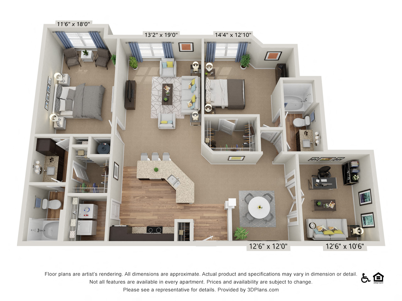 Floor plan for 2 beds, 2 baths, 1490 sqft